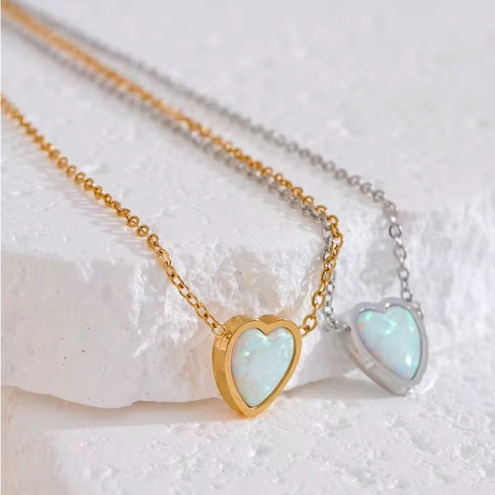 18K White Gold White Fire Opal Heart Natural Gemstone Minimalist Necklace Dainty - Picture 5 of 6